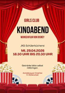 Plakat des GirlsClub für den Kinoabend am 29.04.2026, 18:30 Uhr bis 20:30 Uhr
