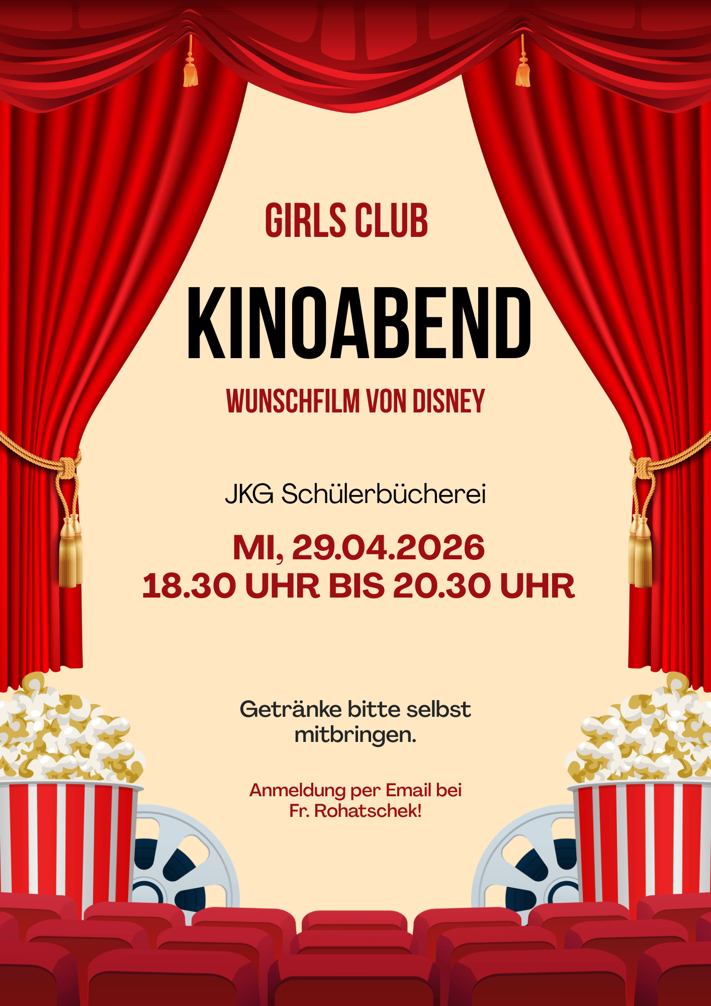 Plakat des GirlsClub für den Kinoabend am 29.04.2026, 18:30 Uhr bis 20:30 Uhr