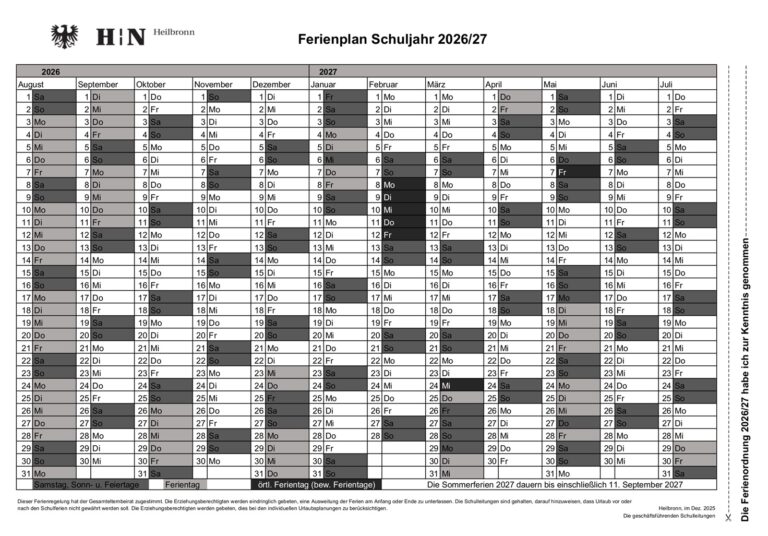 Übersicht über die Schulferien in Heilbronn 2026/27